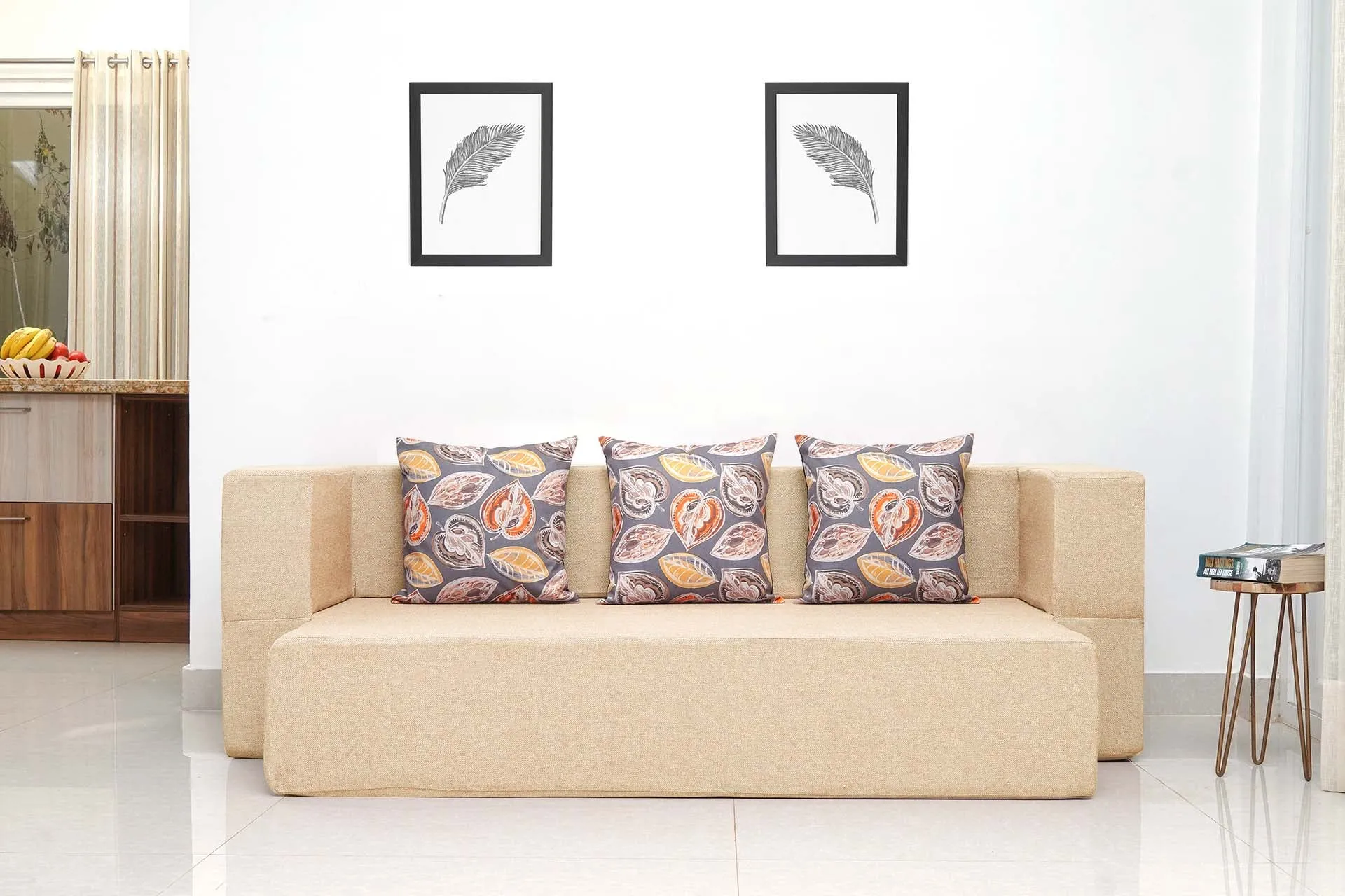 Uberlyfe New Age Folding Sofa Bed, Beige | 3 Seater | 3 Cushions- Fallen Leaves Pattern