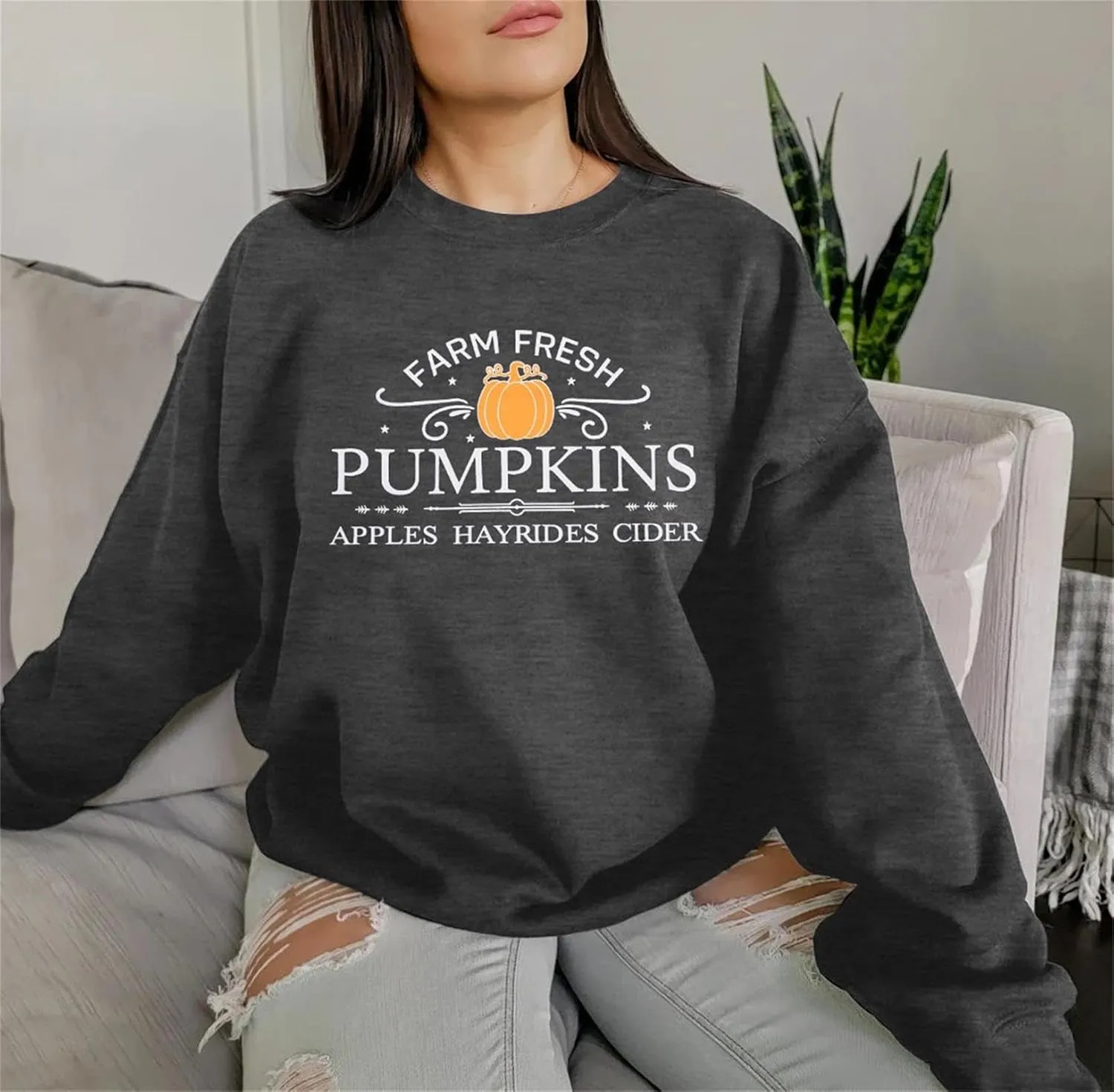 VILOVE Oversized Fall Sweatshirt Women Farm Fresh Sweatshirt Pumpkin Graphic Hoodie Autumn Sweatshirt It's Fall Y'all Top