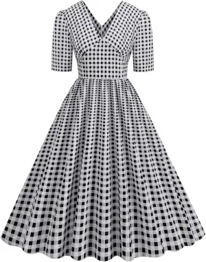 Vintage Dress for Women Semi-Formal 1950s Polka Dots V-Neck Swing A-Line Rockabilly Midi Dresses Garden Party Dresses
