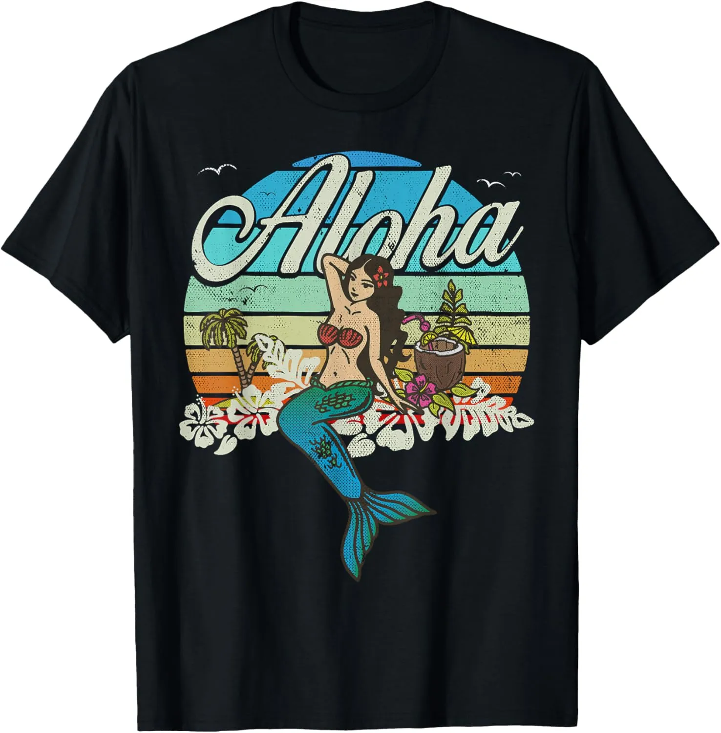 Vintage, Retro, Hawaiian Mermaid Vacation Sunset T-Shirt