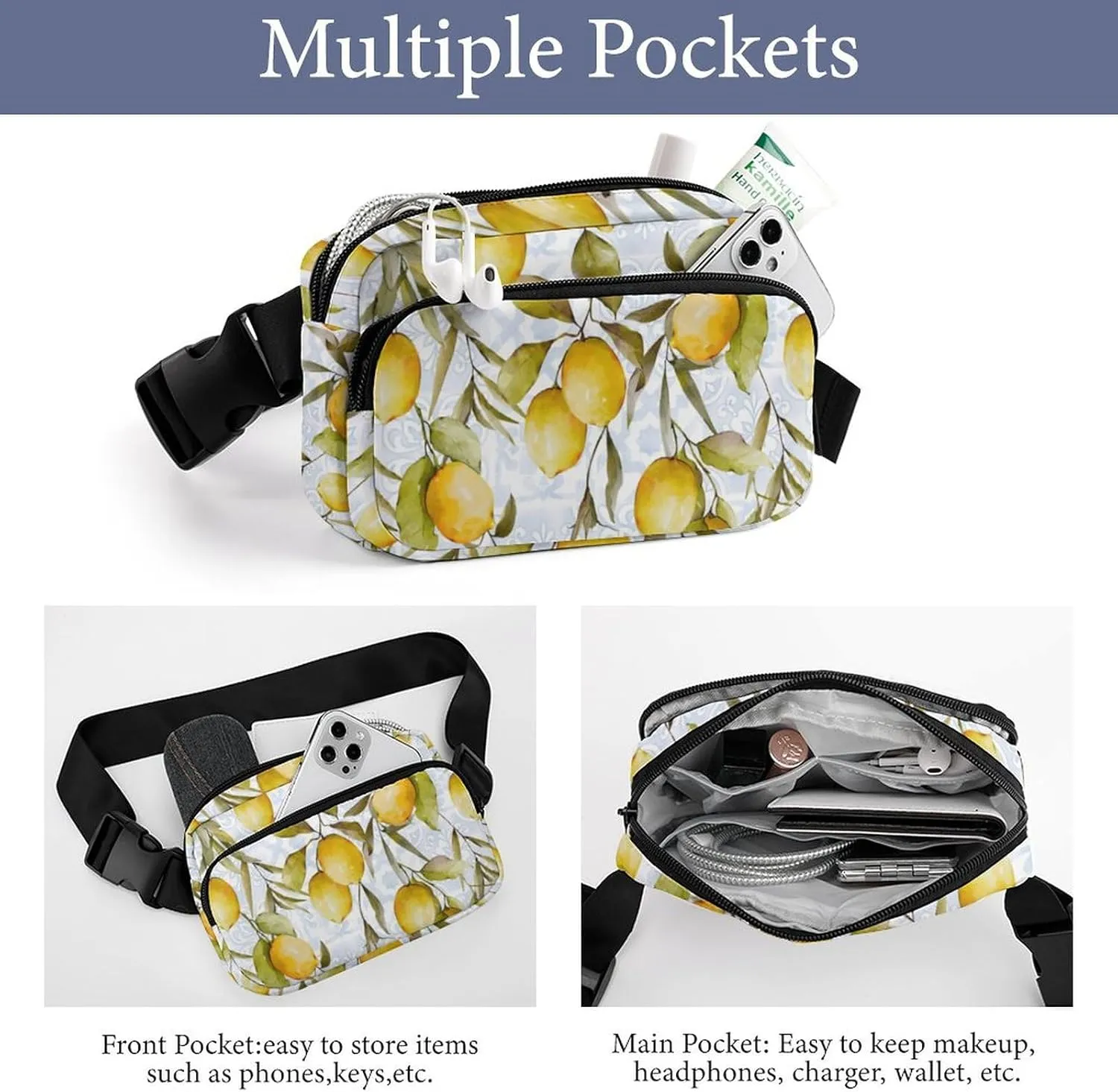 Watercolor Fresh Lemon Fanny Pack Belt Bag with Adjustable Strap Green Leaves Fruits Waist Packs Small Pouch Crossbody Bags for Hiking Running Cycling Traveling