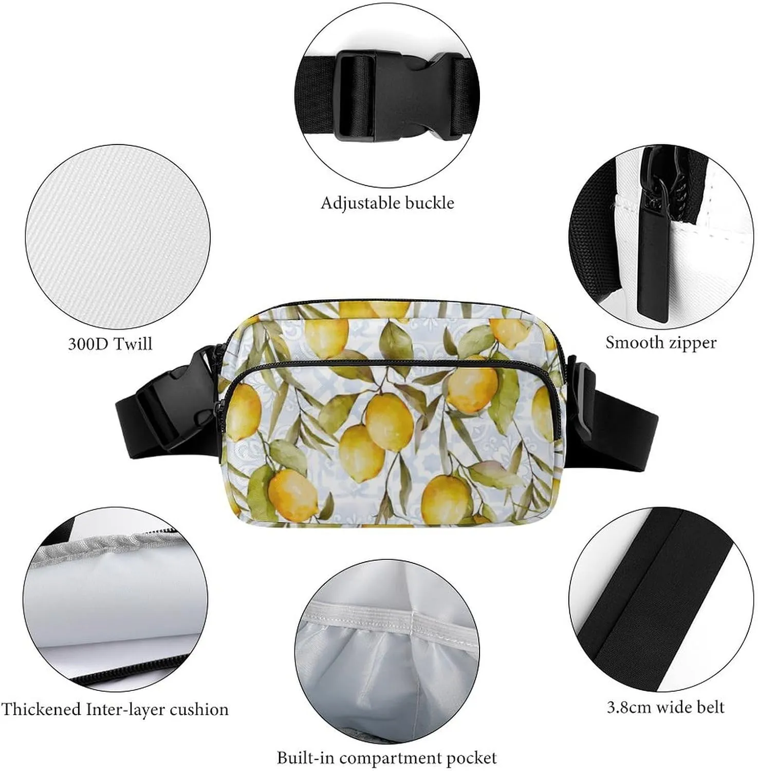 Watercolor Fresh Lemon Fanny Pack Belt Bag with Adjustable Strap Green Leaves Fruits Waist Packs Small Pouch Crossbody Bags for Hiking Running Cycling Traveling