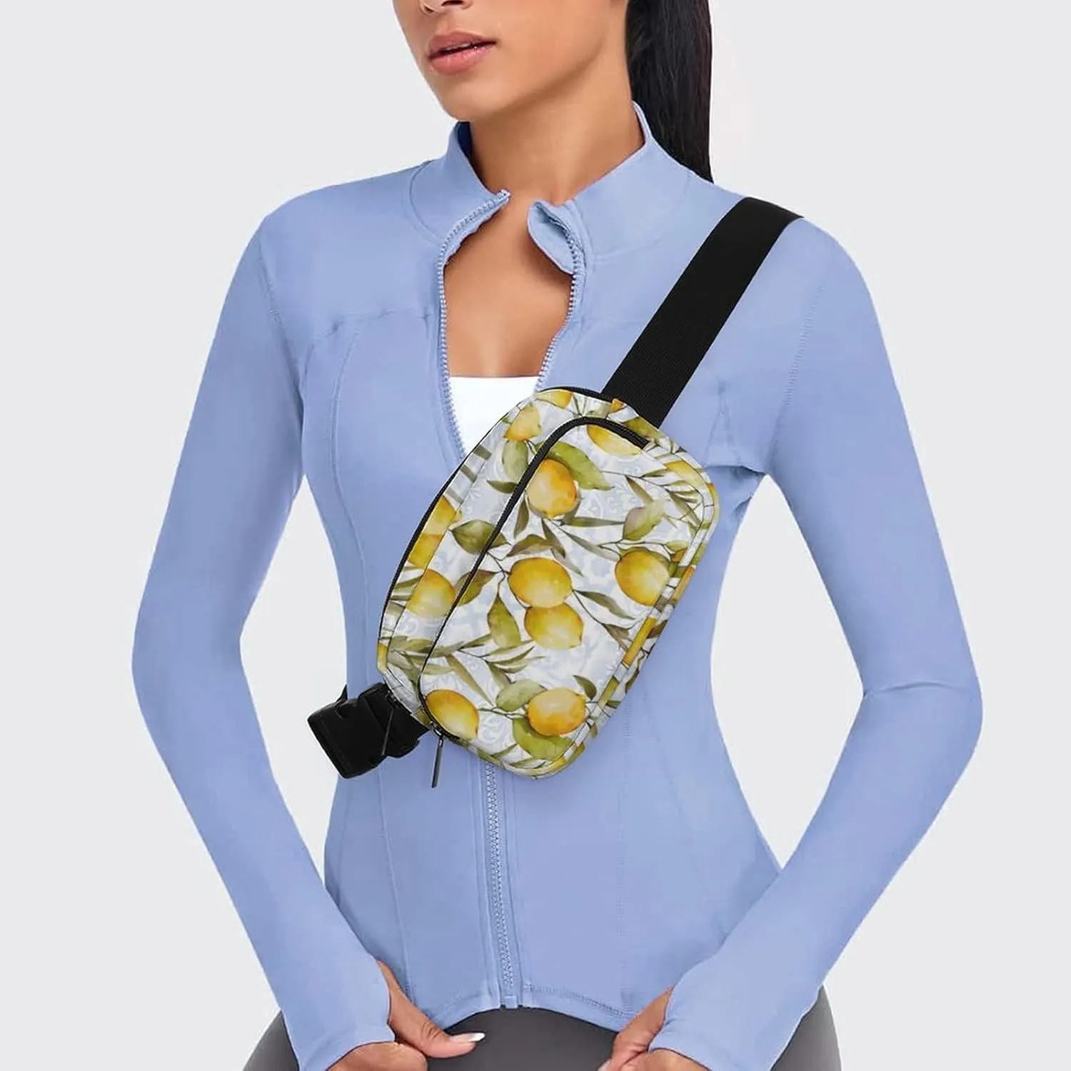 Watercolor Fresh Lemon Fanny Pack Belt Bag with Adjustable Strap Green Leaves Fruits Waist Packs Small Pouch Crossbody Bags for Hiking Running Cycling Traveling