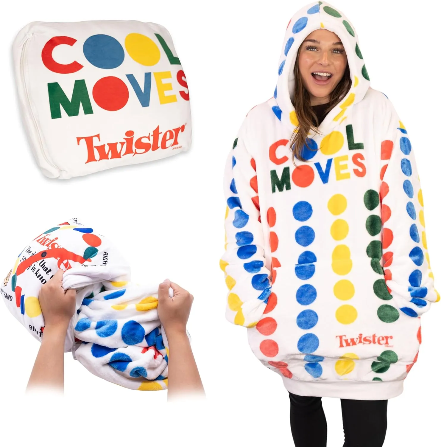 Wearable Blanket Hoodie, 2-in-1 Oversized Hoodie Blanket Pillow, Long Sleeve Sweatshirt Pocket, Cozy Holiday Gift for Men & Women - Hasbro Twister