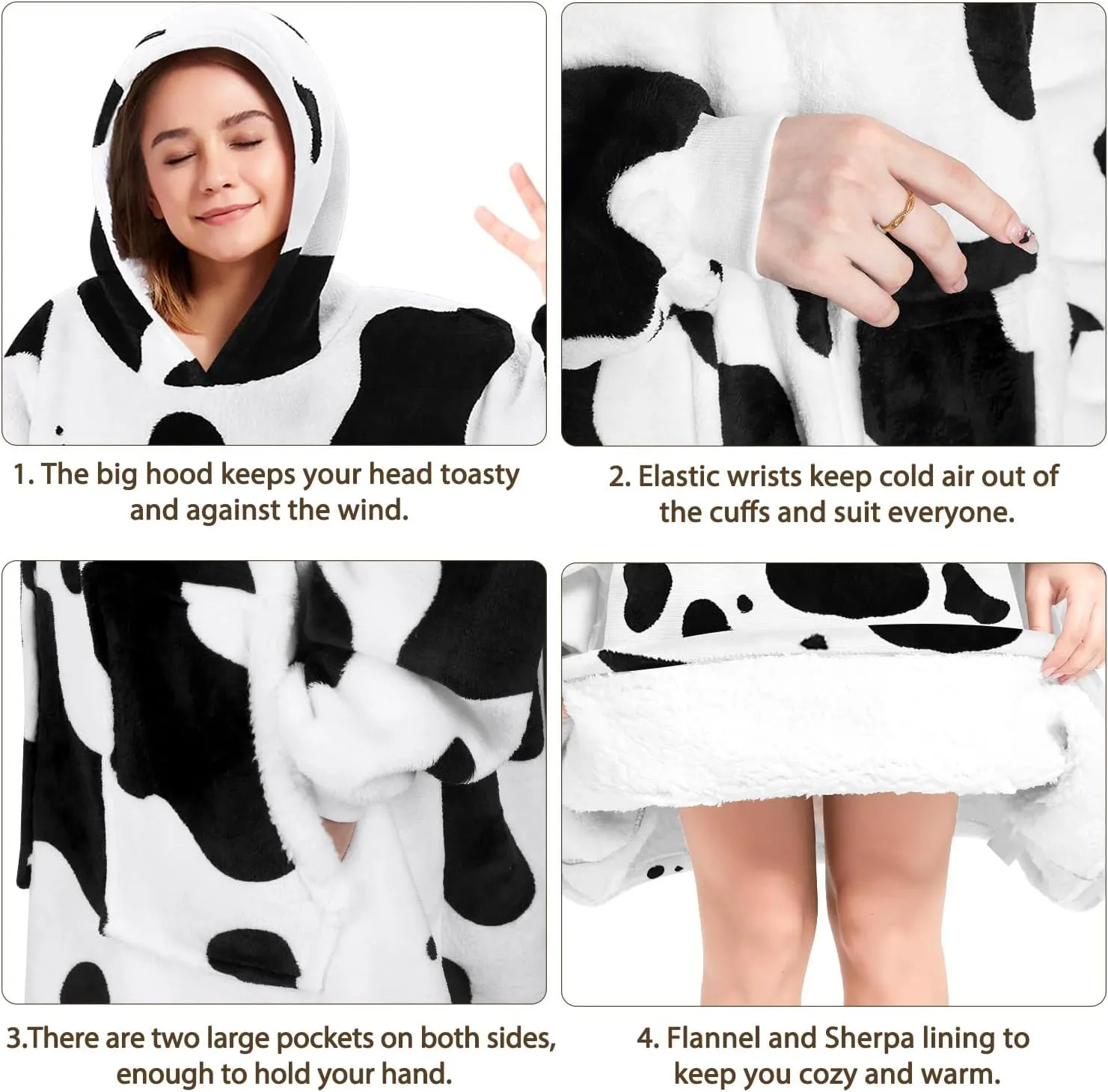 Wearable Blanket Hoodie Gifts for Adults Mom Women Men Oversized Fluffy Hoodie Cozy Hideout Hoodie Sweatshirt Sweater Blanket with Pocket (Cow)