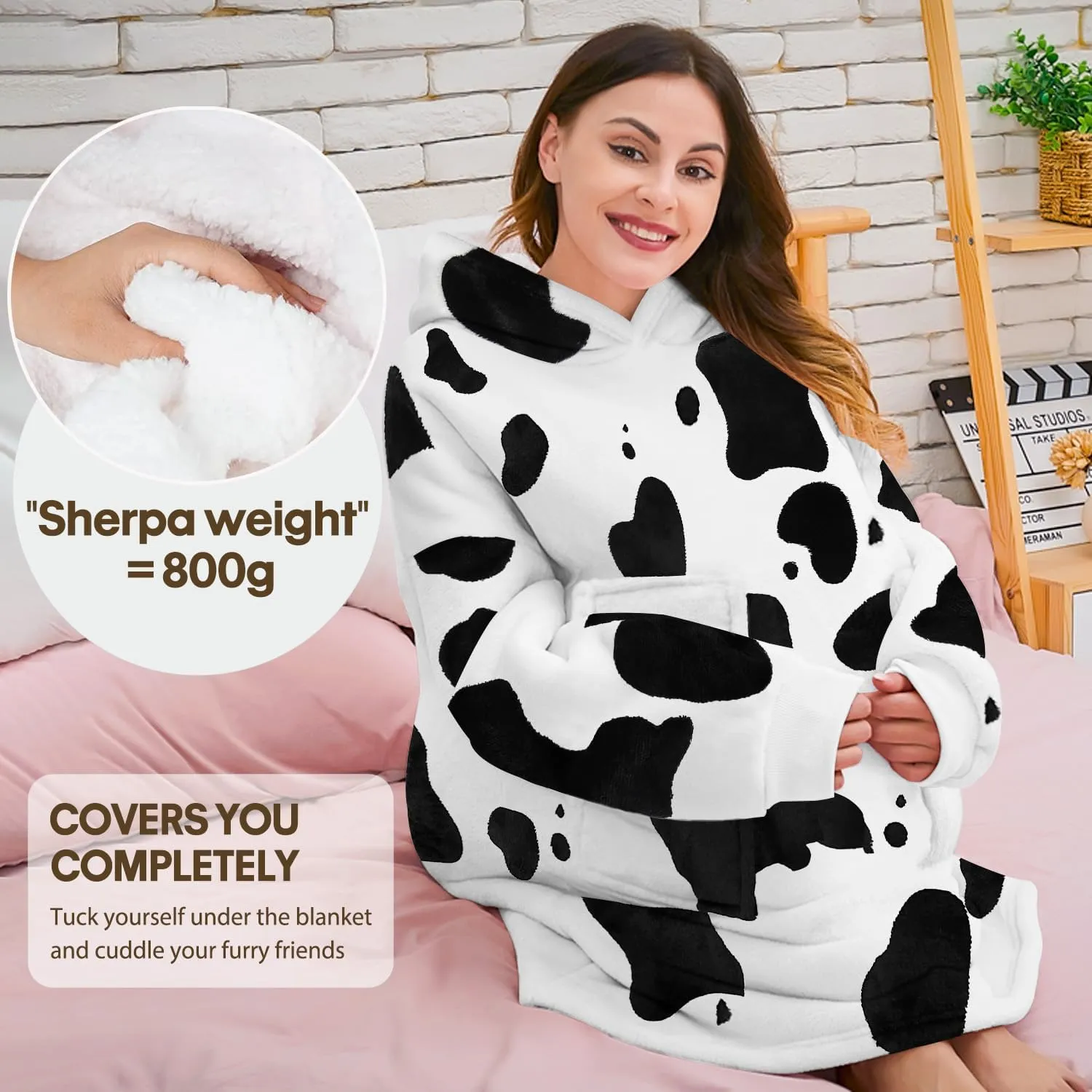 Wearable Blanket Hoodie Gifts for Adults Mom Women Men Oversized Fluffy Hoodie Cozy Hideout Hoodie Sweatshirt Sweater Blanket with Pocket (Cow)