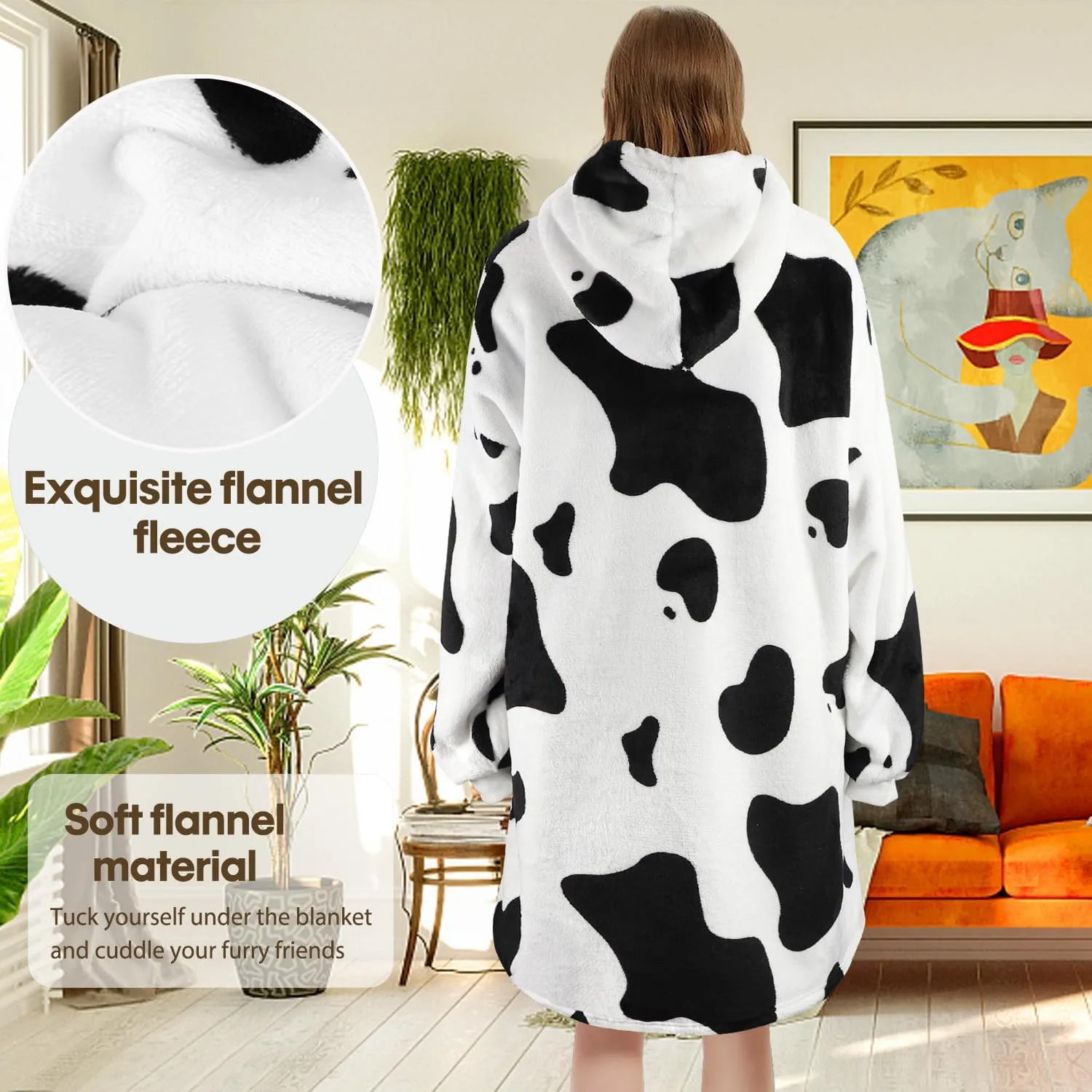 Wearable Blanket Hoodie Gifts for Adults Mom Women Men Oversized Fluffy Hoodie Cozy Hideout Hoodie Sweatshirt Sweater Blanket with Pocket (Cow)
