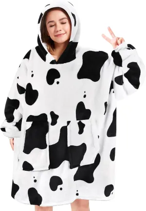 Wearable Blanket Hoodie Gifts for Adults Mom Women Men Oversized Fluffy Hoodie Cozy Hideout Hoodie Sweatshirt Sweater Blanket with Pocket (Cow)