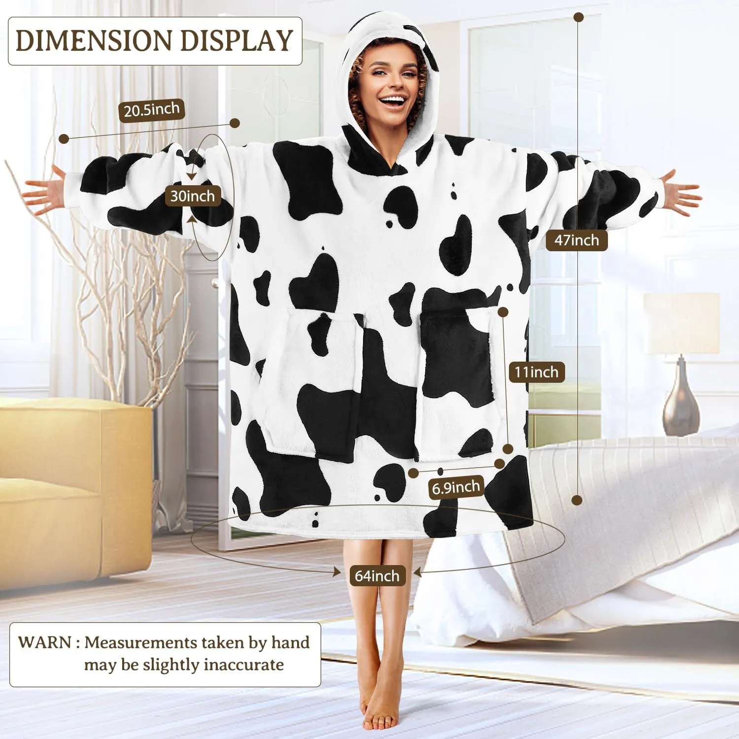 Wearable Blanket Hoodie Gifts for Adults Mom Women Men Oversized Fluffy Hoodie Cozy Hideout Hoodie Sweatshirt Sweater Blanket with Pocket (Cow)