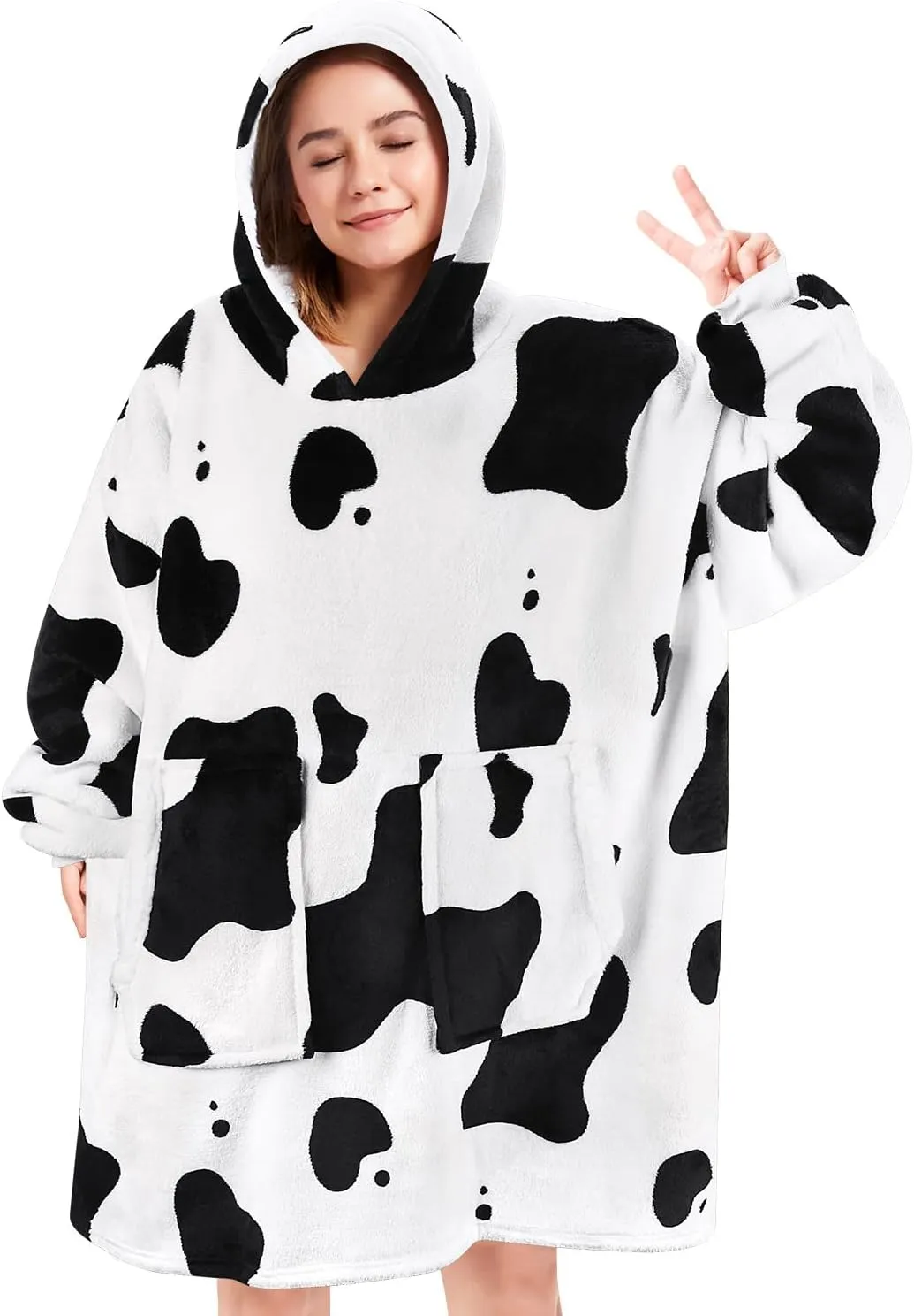 Wearable Blanket Hoodie Gifts for Adults Mom Women Men Oversized Fluffy Hoodie Cozy Hideout Hoodie Sweatshirt Sweater Blanket with Pocket (Cow)