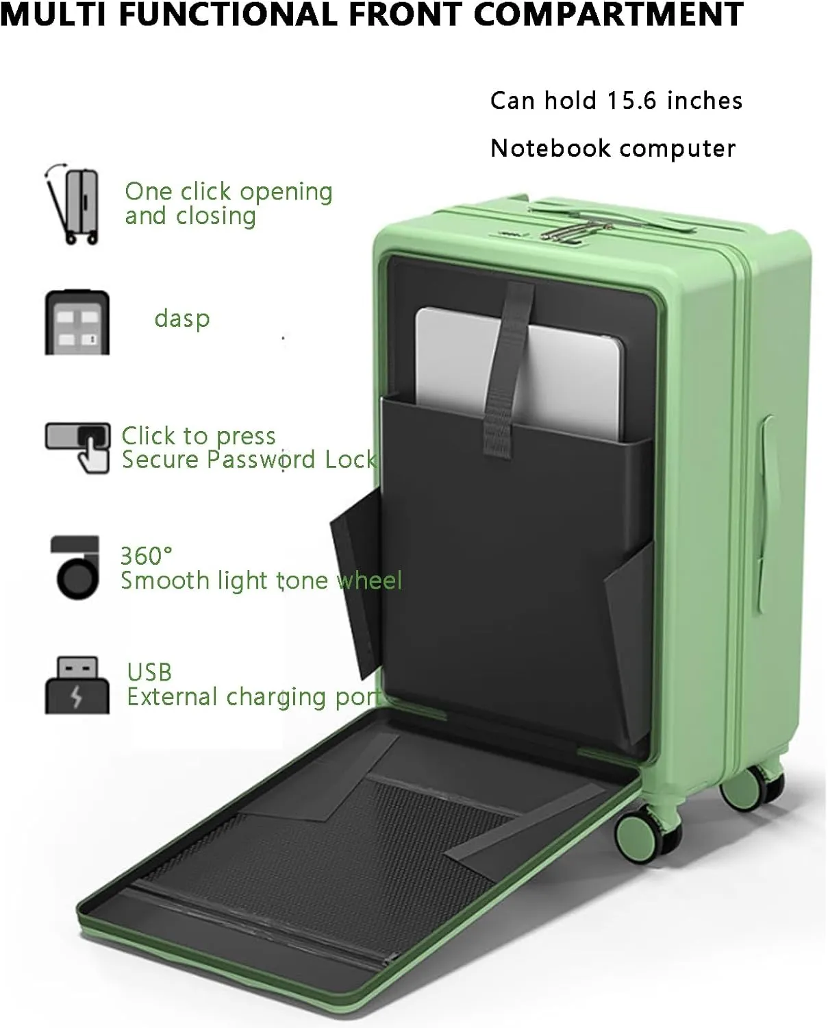 Wide trolley carry-on luggage 20" with wheels suitcase hard shell lightweight travel luggage,Green,24in