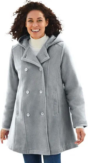 Woman Within Plus Size Double-Breasted Hooded Fleece Peacoat