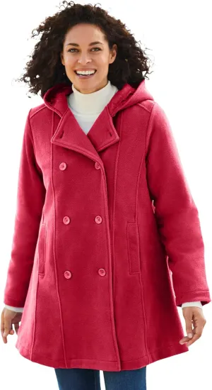 Woman Within Plus Size Double-Breasted Hooded Fleece Peacoat