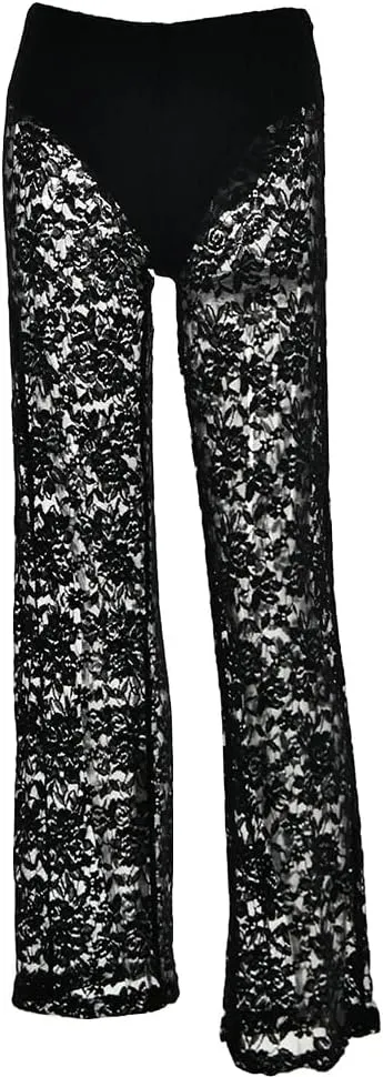 Women Floral Lace Sheer Mesh Pants Sexy Elastic High Waist See Through Flare Bell Trouser Y2K Wide Leg Club Bottoms Black
