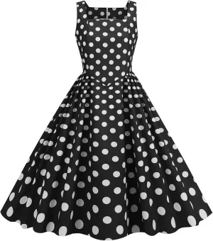 Women HOCO Dress Polka Dot Empired Waisted Flared Dresses Sleeveless Aline Tea Party Dress