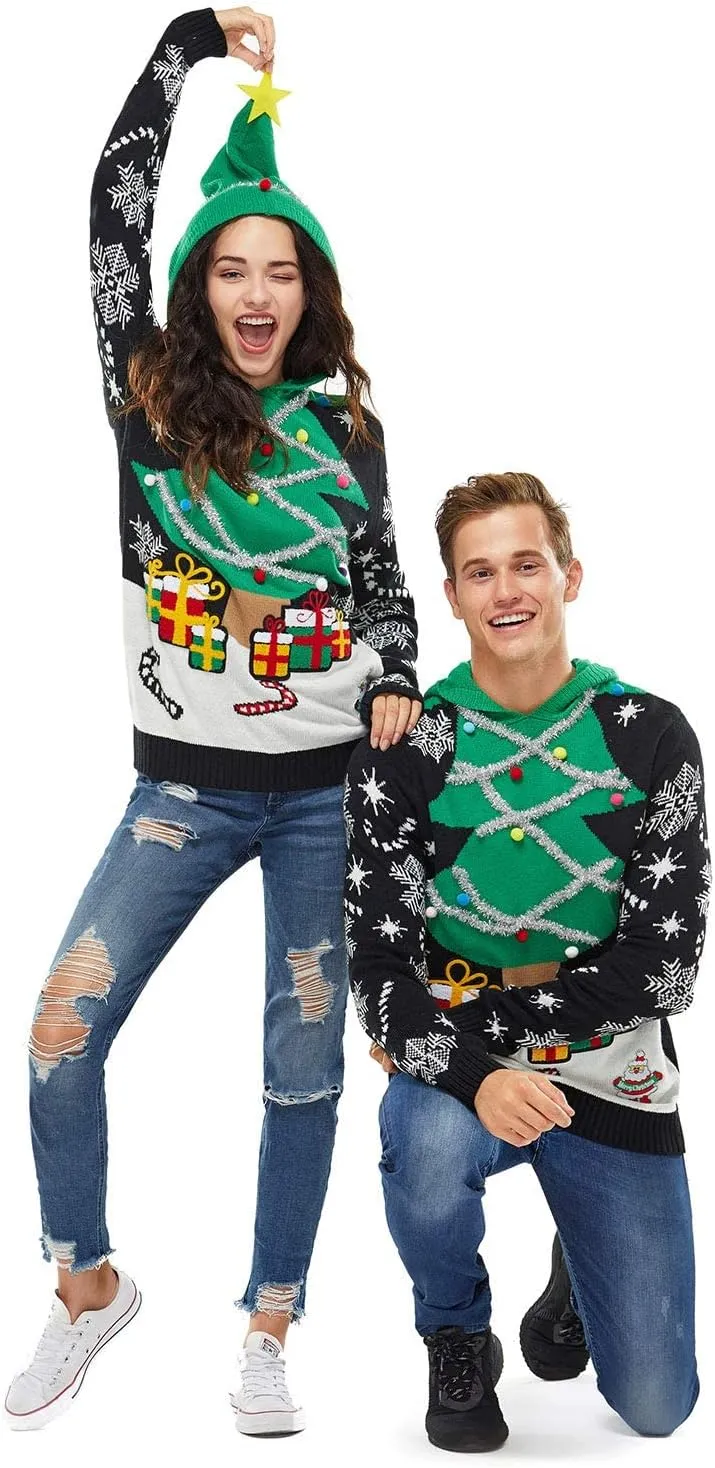 Women Ugly Christmas Hoodie for Adult Men`s Unisex Xmas Hooded Sweater Pullover for Party Festive