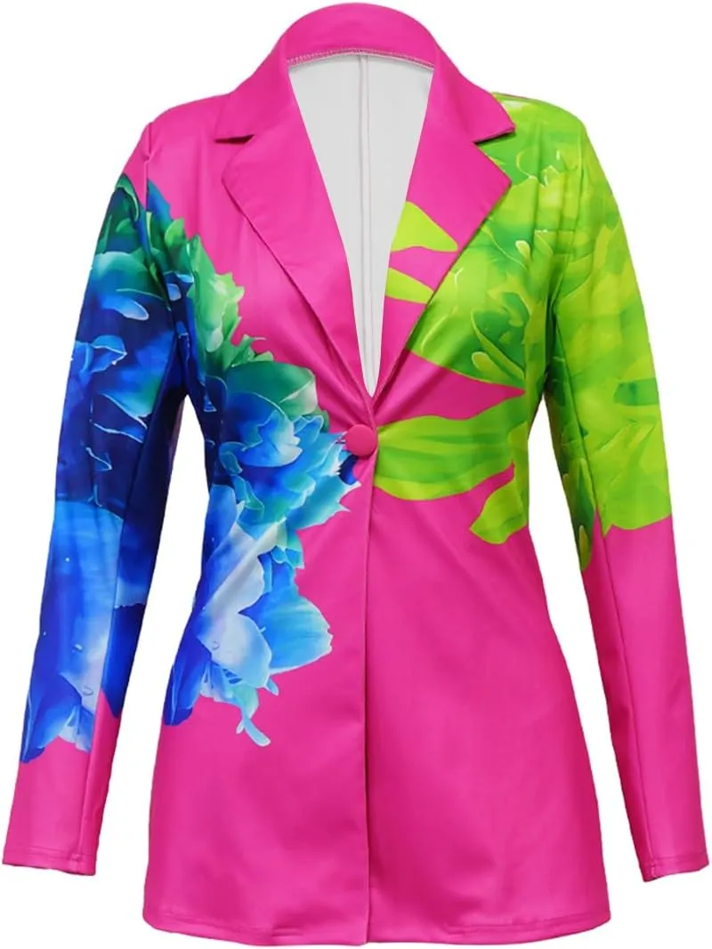 Women's 2 Piece Floral Printed Outfits Soft Lightweight Open Front Long Sleeve Blazer and Short Pants Suit Sets