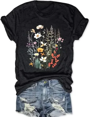 Women's Boho Flower T Shirt Vintage Flowers Printed Shirt Colorful Wildflower Graphic Tee Casual Botanical Short Sleeve