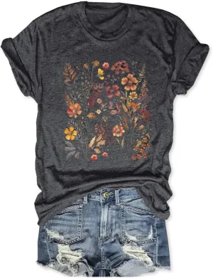 Women's Boho Flower T Shirt Vintage Flowers Printed Shirt Colorful Wildflower Graphic Tee Casual Botanical Short Sleeve