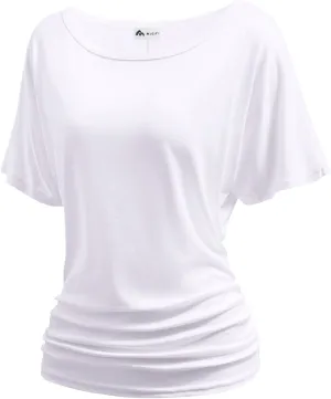 Women's Dolman Top Boat Neck Short Sleeve Solid Tees Casual T Shirt with Side Shirring Detail