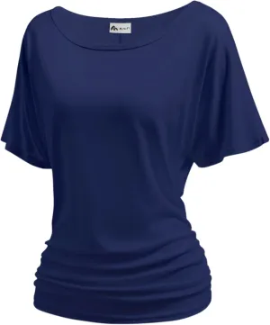 Women's Dolman Top Boat Neck Short Sleeve Solid Tees Casual T Shirt with Side Shirring Detail