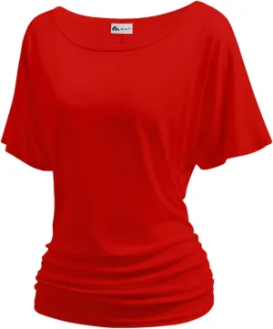 Women's Dolman Top Boat Neck Short Sleeve Solid Tees Casual T Shirt with Side Shirring Detail