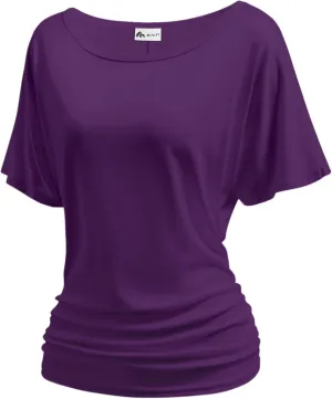 Women's Dolman Top Boat Neck Short Sleeve Solid Tees Casual T Shirt with Side Shirring Detail