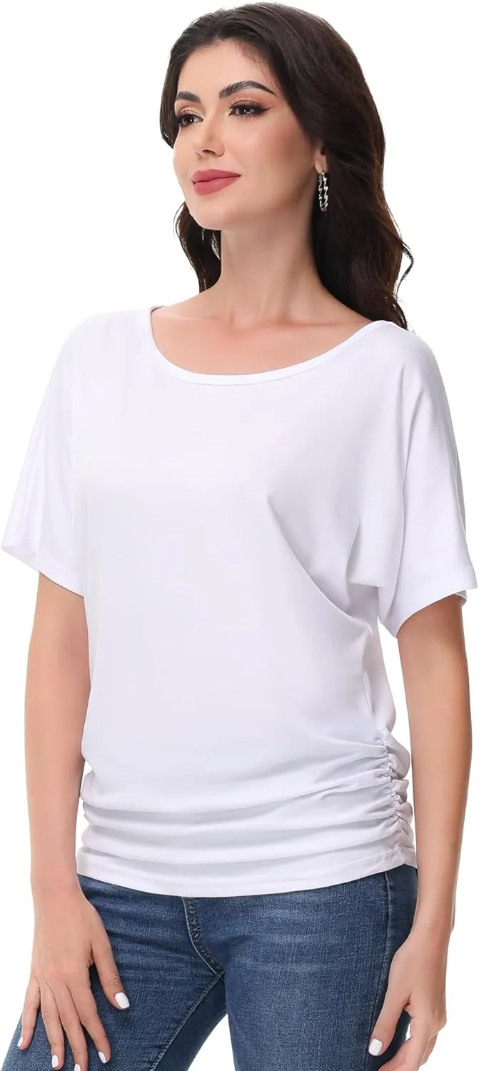 Women's Dolman Top Boat Neck Short Sleeve Solid Tees Casual T Shirt with Side Shirring Detail