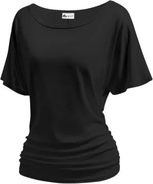 Women's Dolman Top Boat Neck Short Sleeve Solid Tees Casual T Shirt with Side Shirring Detail