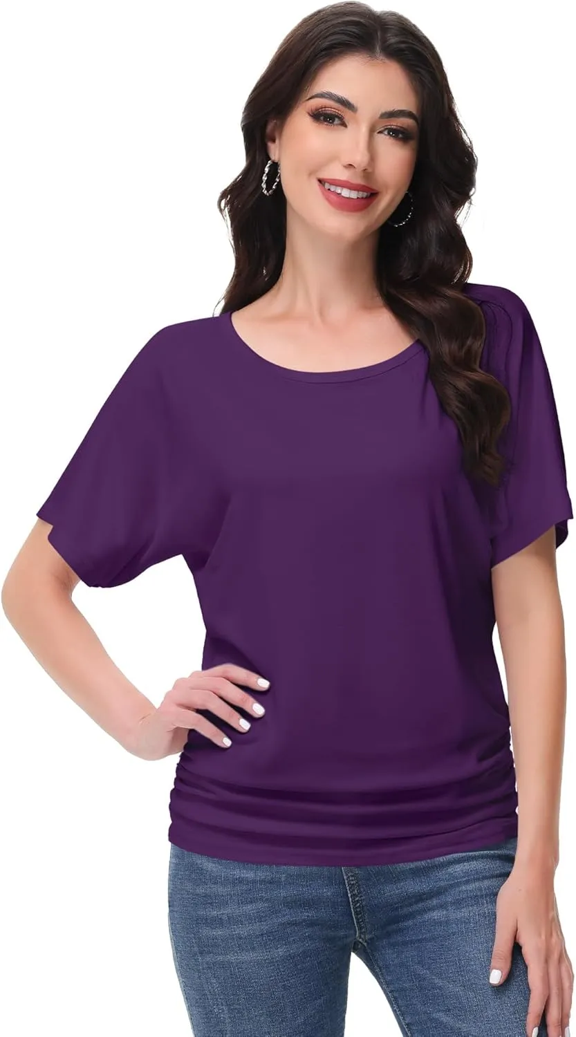 Women's Dolman Top Boat Neck Short Sleeve Solid Tees Casual T Shirt with Side Shirring Detail