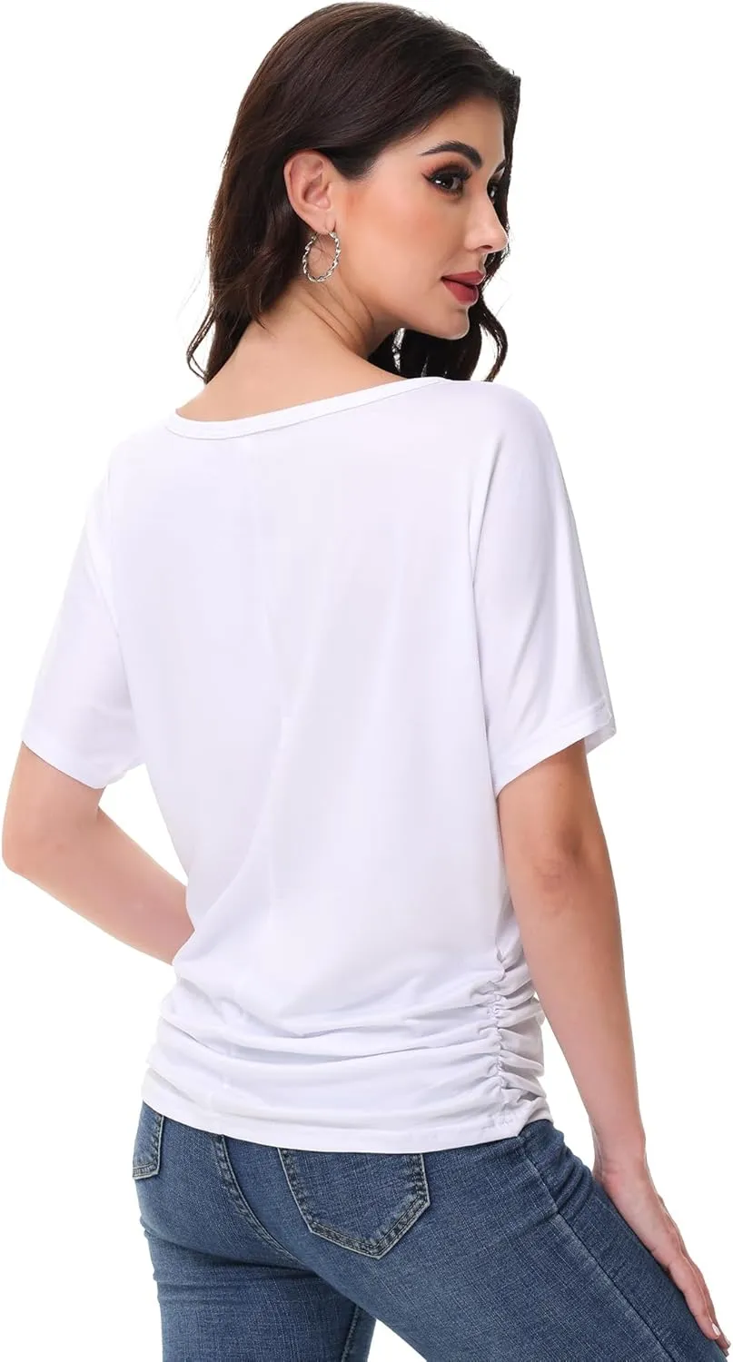 Women's Dolman Top Boat Neck Short Sleeve Solid Tees Casual T Shirt with Side Shirring Detail