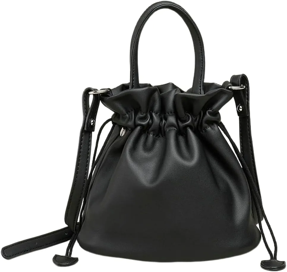 Women's Drawstring Bucket Bag Soft Leather Pleated Pop Fashion One-shoulder Cross-body Bag Vintage Versatile Tote Bag