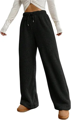 Women's Drawstring High Waisted Fuzzy Pants Cozy Wide Leg Casual Lounge Trousers