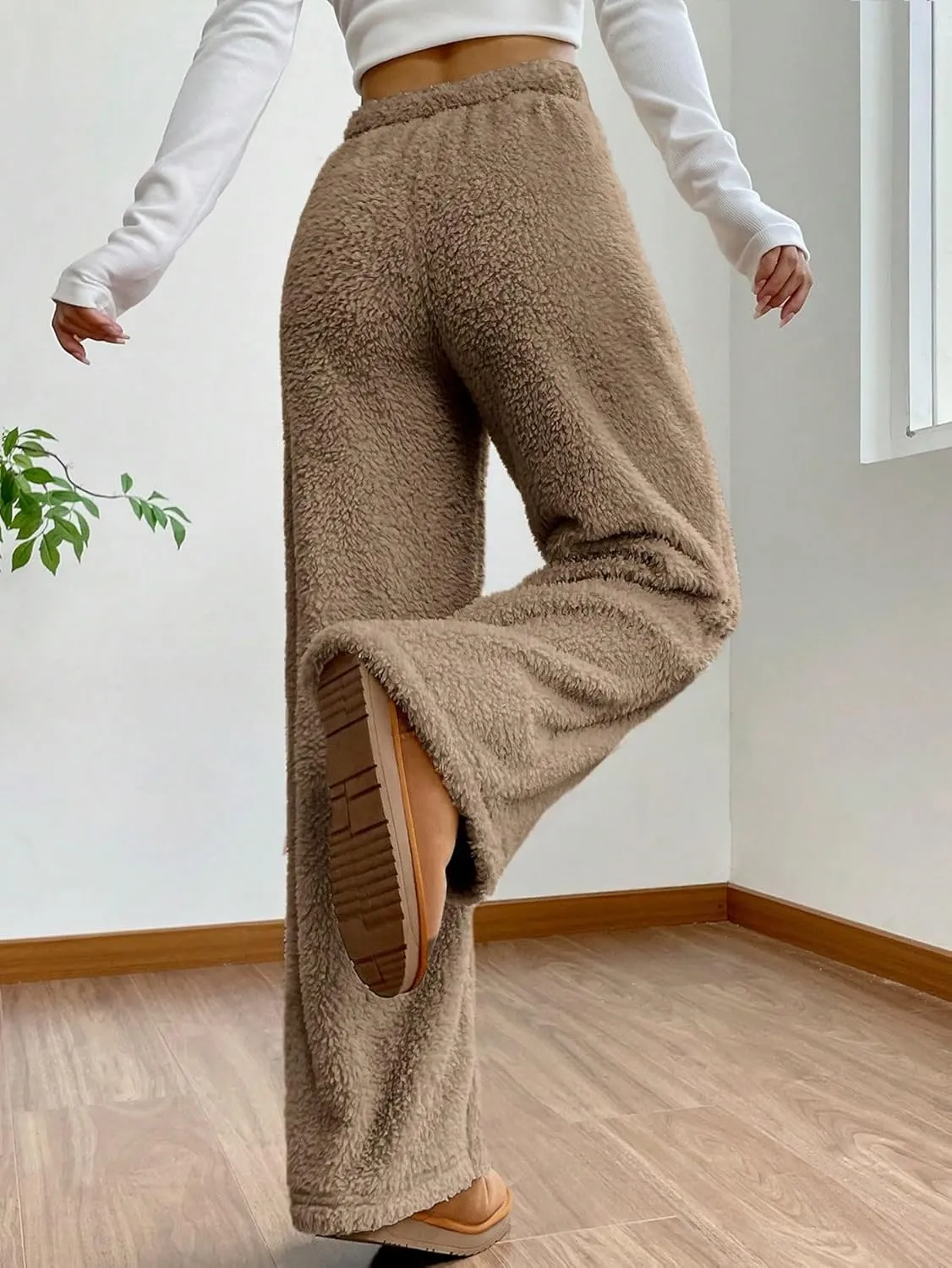 Women's Drawstring High Waisted Fuzzy Pants Cozy Wide Leg Casual Lounge Trousers