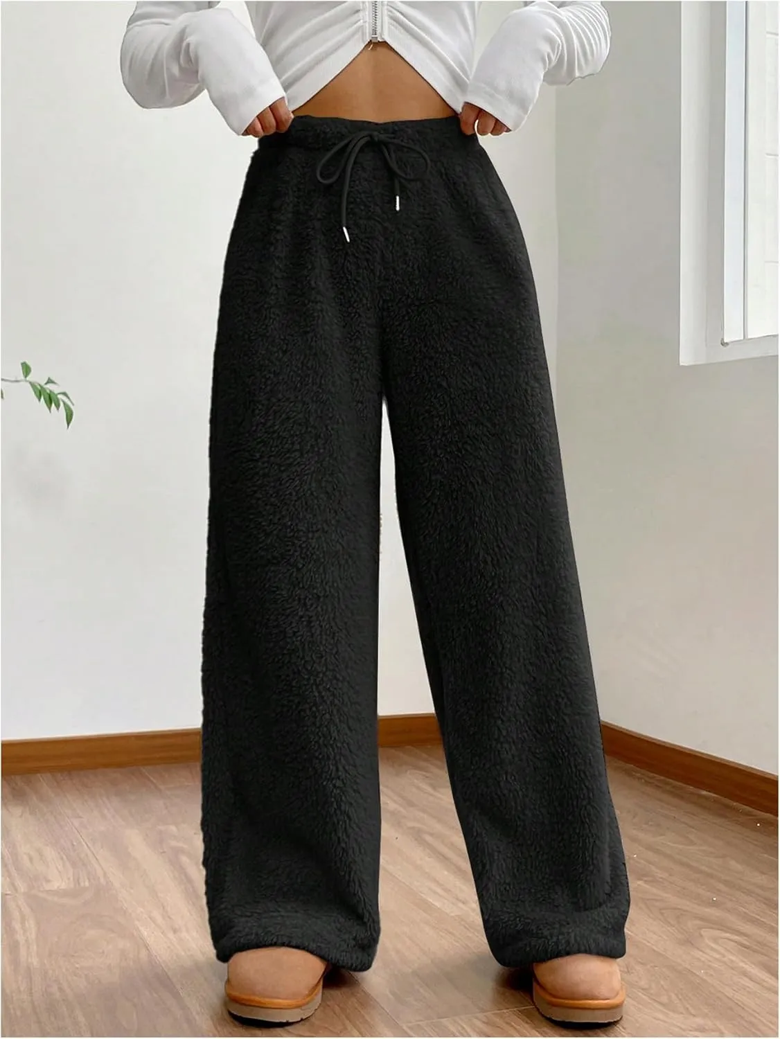 Women's Drawstring High Waisted Fuzzy Pants Cozy Wide Leg Casual Lounge Trousers
