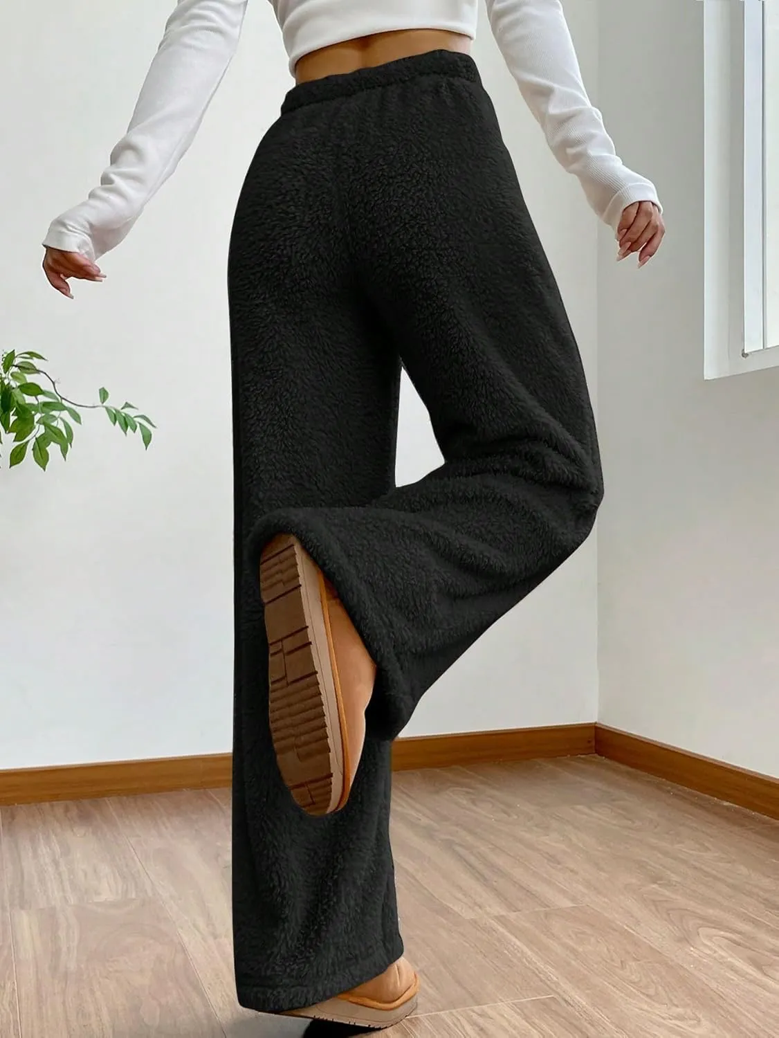 Women's Drawstring High Waisted Fuzzy Pants Cozy Wide Leg Casual Lounge Trousers