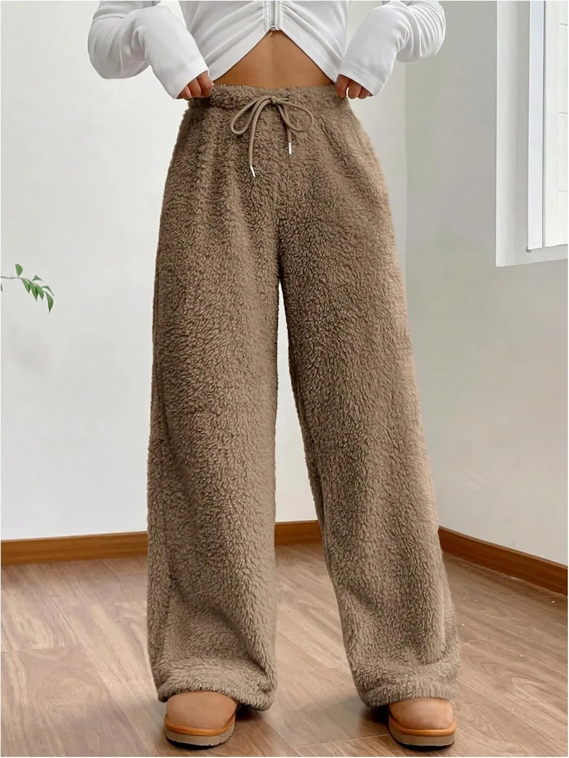 Women's Drawstring High Waisted Fuzzy Pants Cozy Wide Leg Casual Lounge Trousers