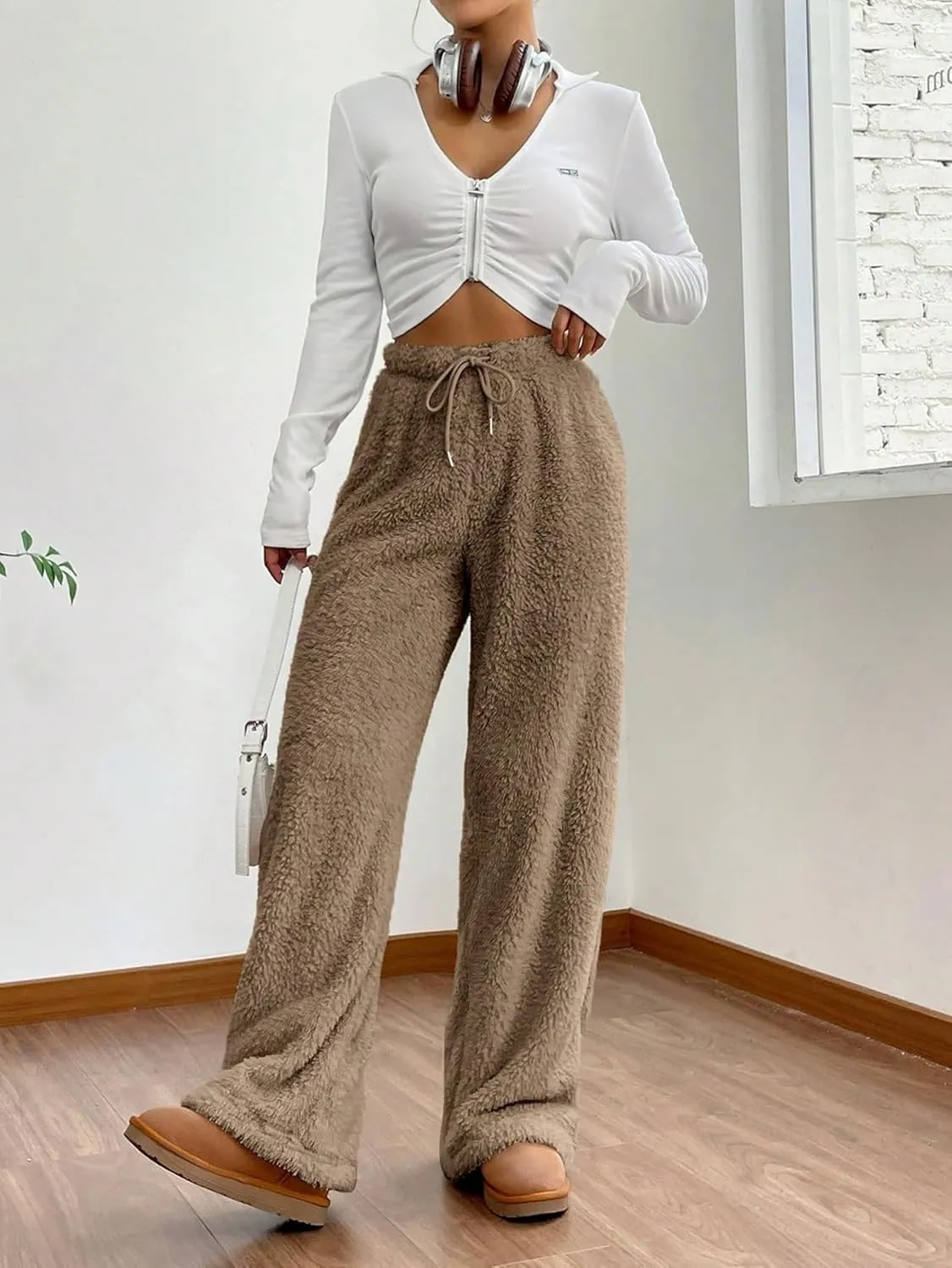 Women's Drawstring High Waisted Fuzzy Pants Cozy Wide Leg Casual Lounge Trousers