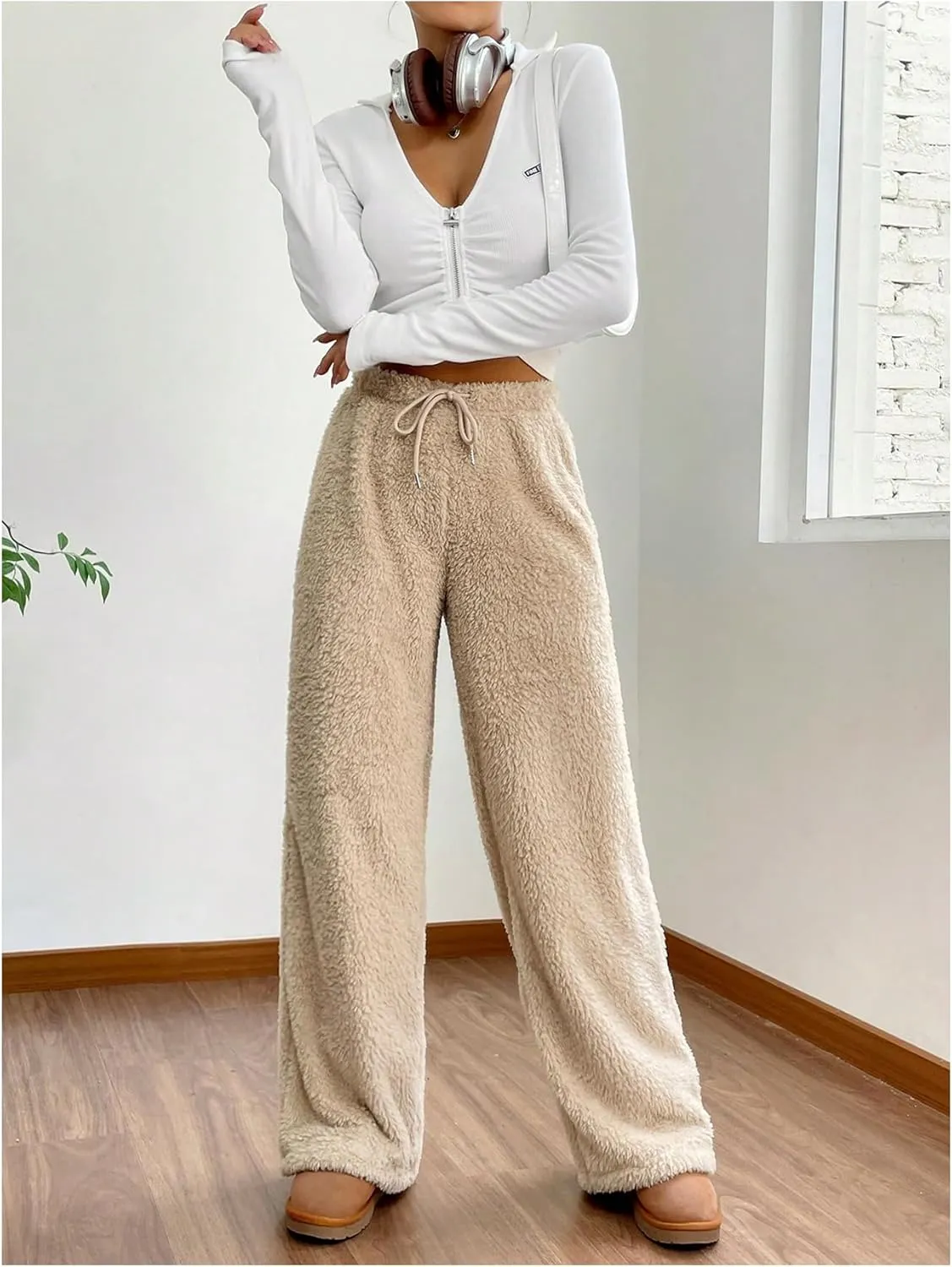 Women's Drawstring High Waisted Fuzzy Pants Cozy Wide Leg Casual Lounge Trousers