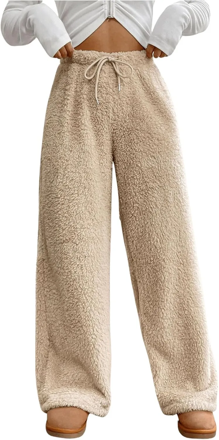 Women's Drawstring High Waisted Fuzzy Pants Cozy Wide Leg Casual Lounge Trousers