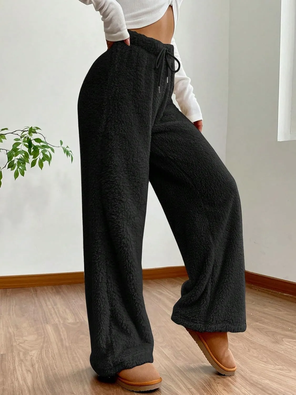 Women's Drawstring High Waisted Fuzzy Pants Cozy Wide Leg Casual Lounge Trousers