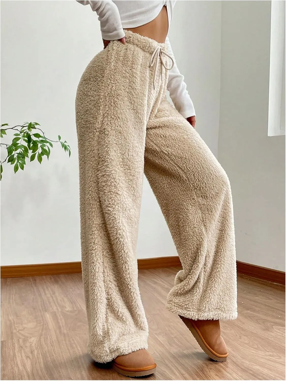 Women's Drawstring High Waisted Fuzzy Pants Cozy Wide Leg Casual Lounge Trousers