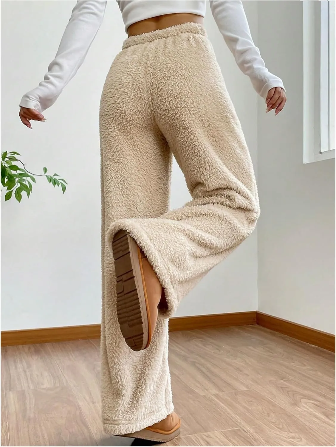 Women's Drawstring High Waisted Fuzzy Pants Cozy Wide Leg Casual Lounge Trousers