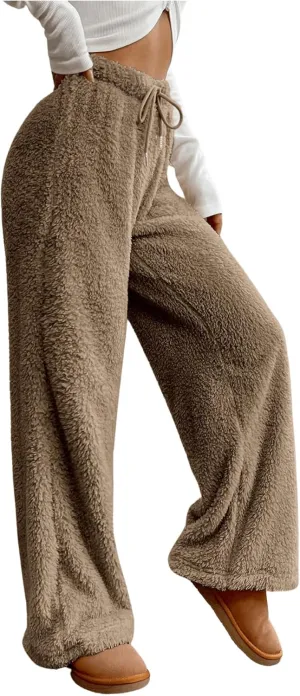 Women's Drawstring High Waisted Fuzzy Pants Cozy Wide Leg Casual Lounge Trousers