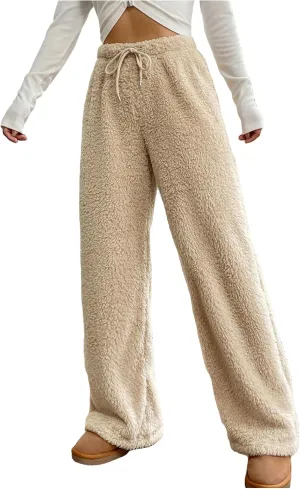 Women's Drawstring High Waisted Fuzzy Pants Cozy Wide Leg Casual Lounge Trousers