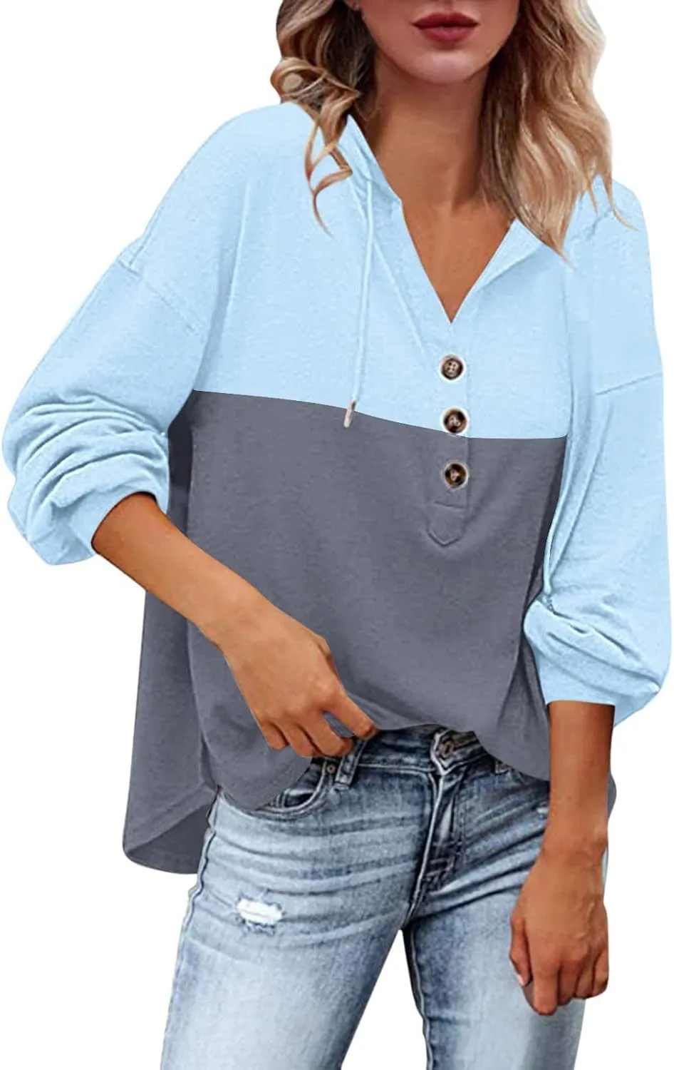 Women's Fashion Hoodies Sweatshirts Casual Button V-Neck Henley Shirts Long Sleeve Color Block Oversized Pullover Tops