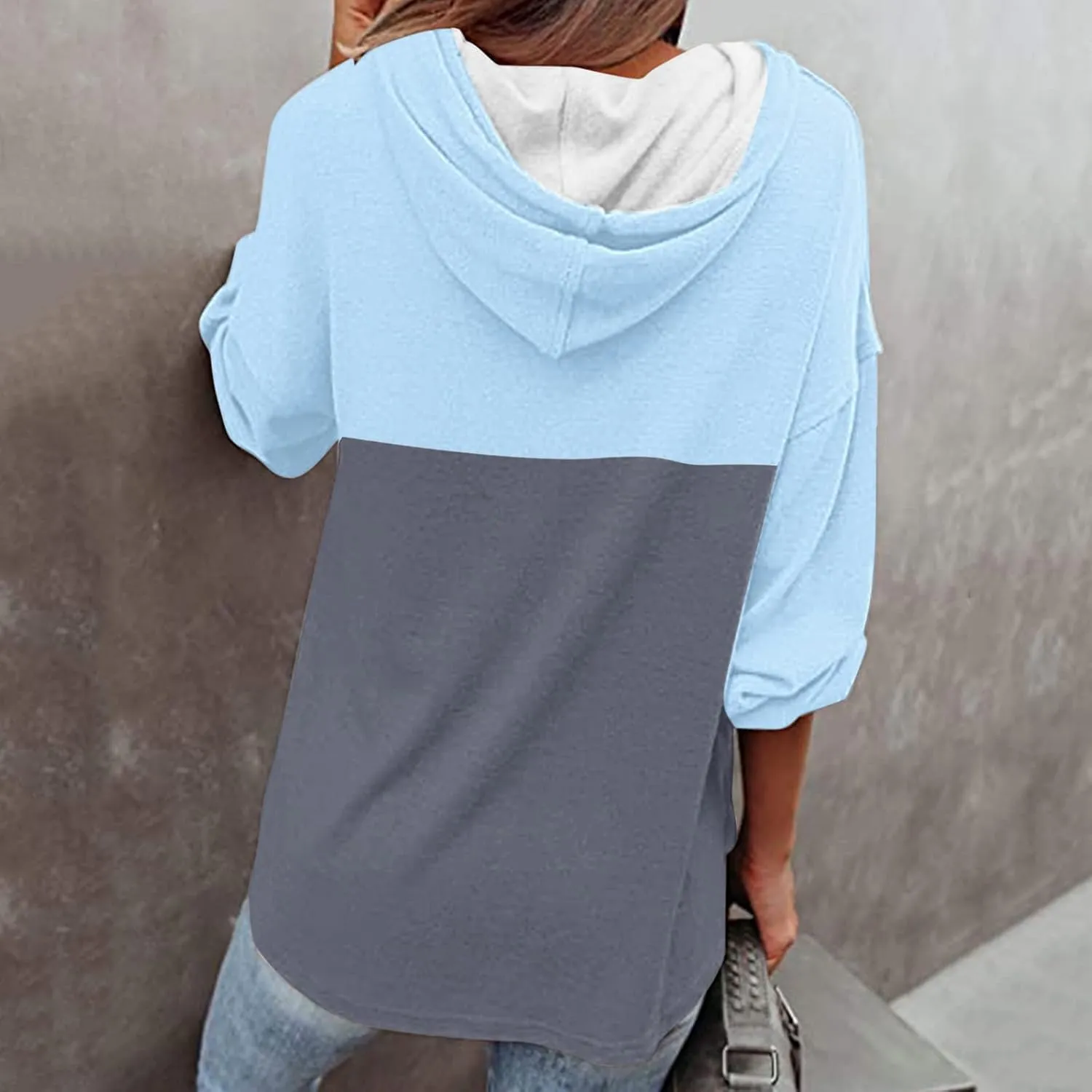 Women's Fashion Hoodies Sweatshirts Casual Button V-Neck Henley Shirts Long Sleeve Color Block Oversized Pullover Tops