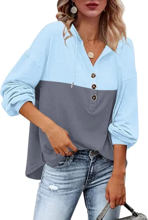 Women's Fashion Hoodies Sweatshirts Casual Button V-Neck Henley Shirts Long Sleeve Color Block Oversized Pullover Tops