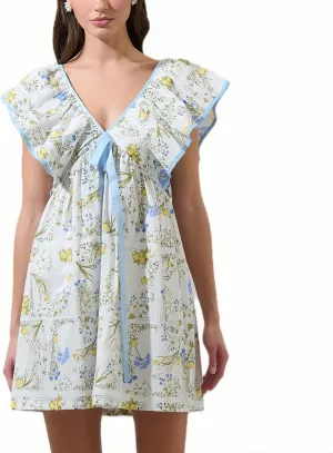 Women's Floral Print Bow Mini Dress V Neck Puff Sleeve Babydoll Short Dress Ruffle Sleeve Backless Lace Up Sudress