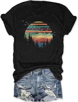 Womens Funny Heart Mountain Camping Tree Graphic Tee Forest Print T-Shirt Casual Hike Short Sleeve